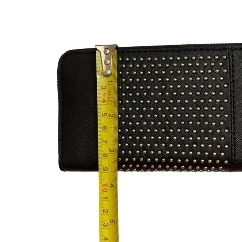 Michael Kira black saffiano leather wristlet clutch zipper wallet micro studs